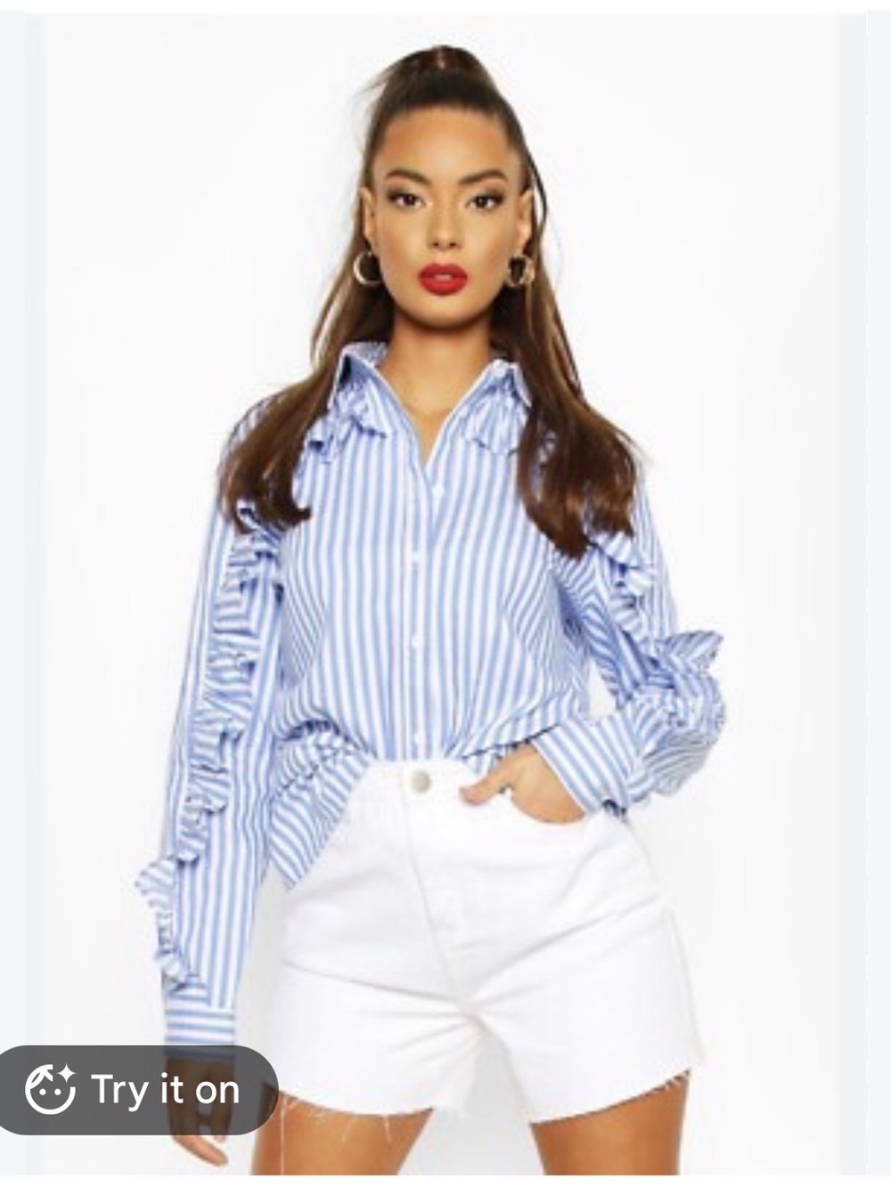 Boohoo Blue and White Striped Ruffle Button-Down Shirt